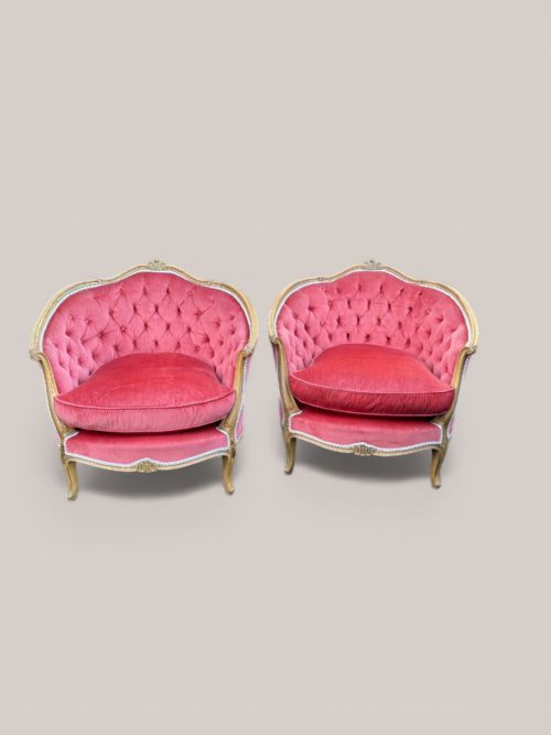 Pair of French fauteuils in coral velvet