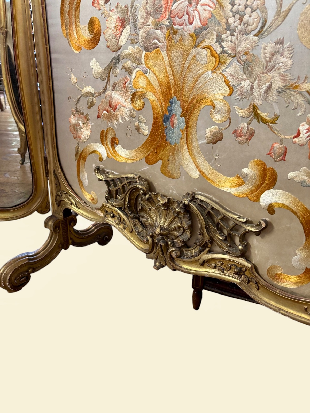 Decorative three panel gilt wood screen